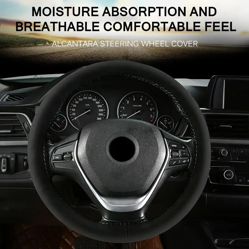 

Suede Fiber Car Steering Wheel Cover Anti-Slip Car Steering-Wheel Braid Stitch On Wrap With Needle Thread 38cm 14.93inch