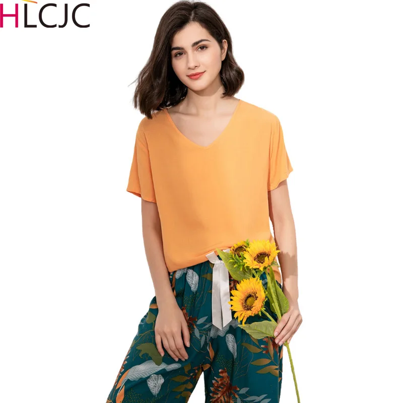 

Floral Printed Pyjama Femme Sleepwear Female Casual V Neck Short Sleeve Elastic Waist Nightwear Retro Women's Pajamas Sets 2020