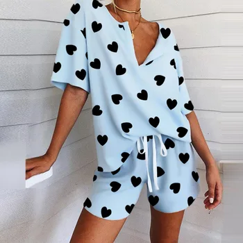 

Women Print 2 Piece Sets Short Sleeve Tops Lace Up Shorts Set Female Drawstring V Neck Two Piece 2020 Summer Sports Casual Suits