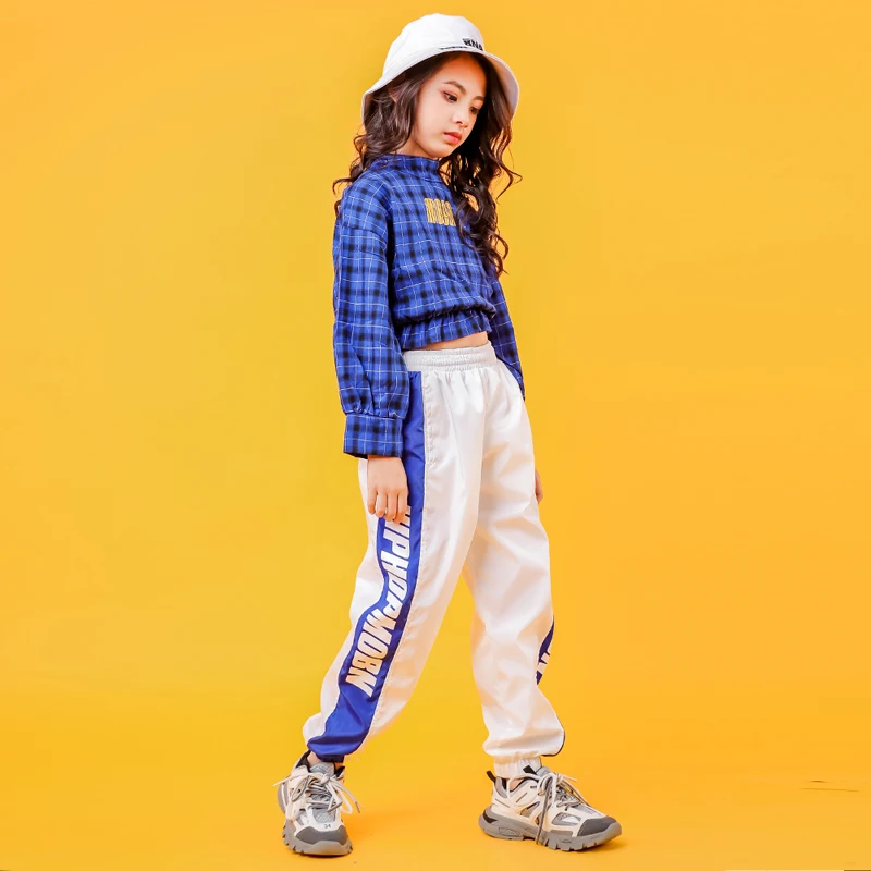 Blue Girls Boys Hip Hop Hoodies Dance Clothes for Kids Jazz Dancing Costumes SweaterShirt Ballroom Crop Tops Plaid Jogger Pants (9)