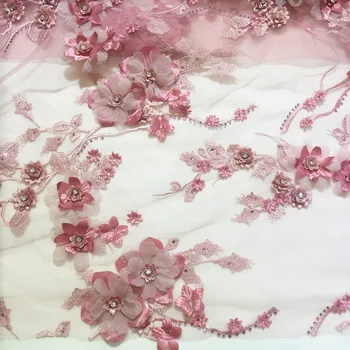 

5 yards dark pink 3D beaded rhinestone lace fabric, 3D rosewood flowers embroidered bridal lace fabric for costumes accessories