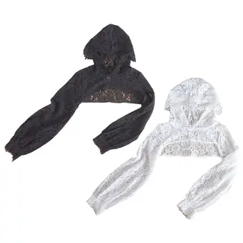 

Womens Eyelash Floral Lace Long Sleeve Crop Top Sunscreen Hooded False Collar 35EF