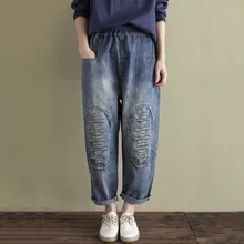 Осенние винтажные джинсы женские рваные отбеленная джинсовая ткань эластичная талия длиной до щиколотки брюки дикие ковбойские ретро джинсы мода