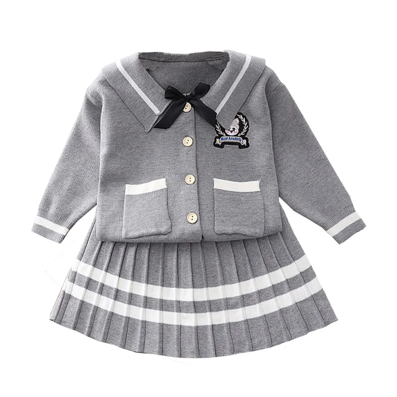 

Winter Gray Girls Clothes Sets Lovely JK Sweater + Pleated Skirts Cotton Toddler School Wear Children Fall Outfits