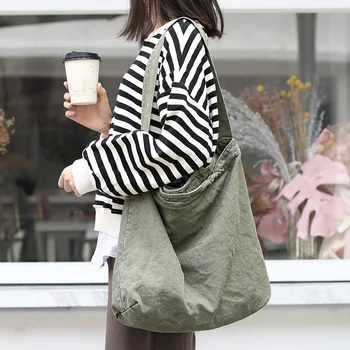 

Women Student Canvas Fashion Shoulder Messenger Tote Handbag Shopping Solid Color Travel Ladies Reusable Folding Shopper Bags