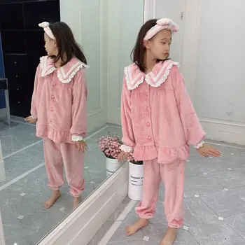 

Children's clothing 2020 winter thickened new girls fur pajamas set, big children's lace lapel two-piece set