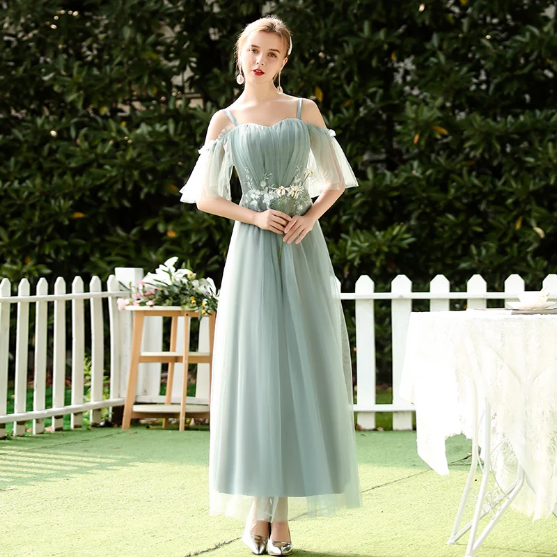 B long Forest Green Длинное Тюлевое платье подружки невесты с v-образным вырезом; vestidos mujer; элегантное женское платье для свадебной вечеринки; ТРАПЕЦИЕВИДНОЕ простое платье; сексуальное платье на выпускной; Azul Royal - Цвет: B long Forest Green