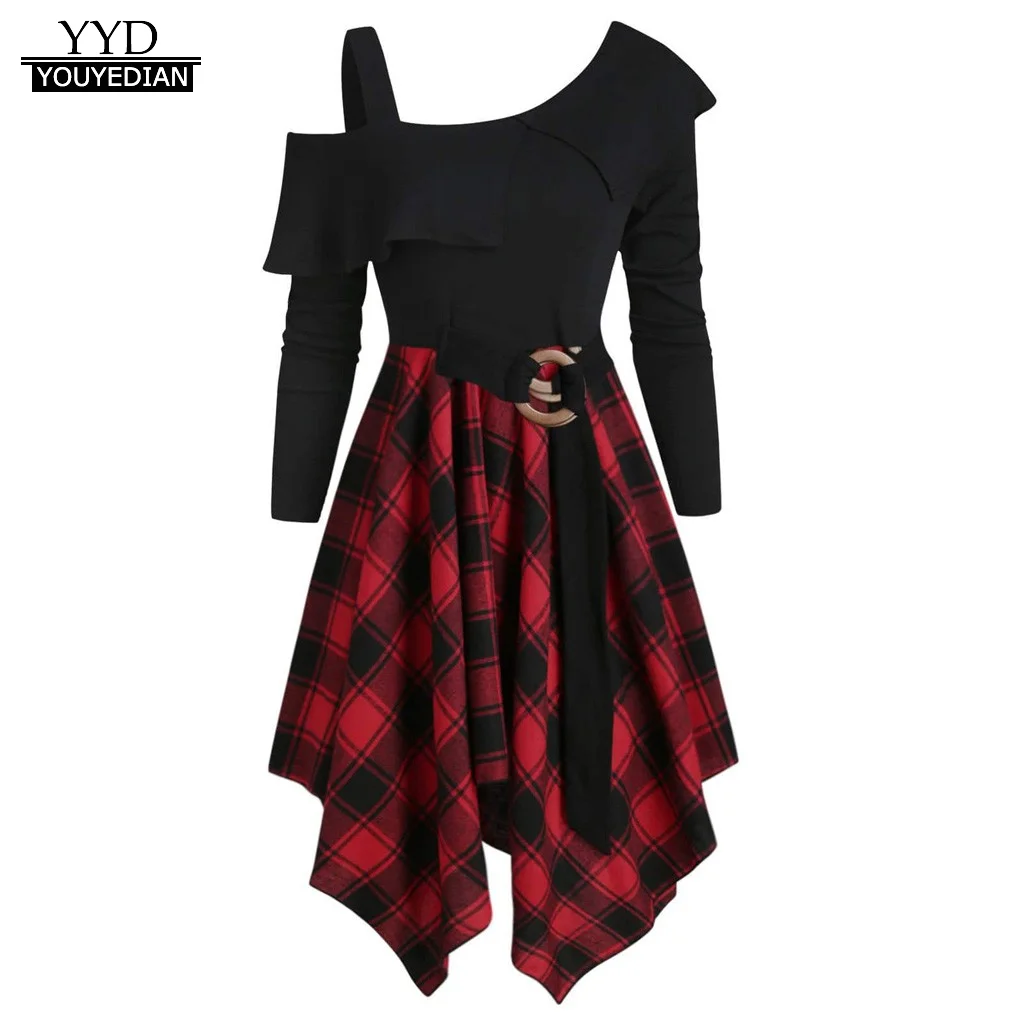 

Women Plus Size Dresses Elegant Plaid Skew Neck Belted Handkerchief Dress Autumn Winter 2019 Sexy Party Night Club Vestido