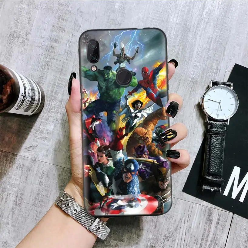 С принтами "Marvel", "Мстители", черная крышка чехол для телефона для Xiaomi Redmi Note фотоаппаратов моментальной печати 8 7 7S 7A 6 S2 GO K20 Pro 6A mi 6X 5X A1 CC 9 8 Coque