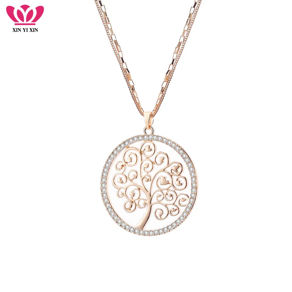 

New Design Double Chain Crystal Tree Of Life Pendant Necklace For Women Gold Long Necklace Gift For Friend Jewelry Accessories