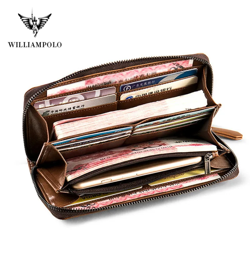 Мужской Длинный кошелек в стиле ретро WilliamPOLO кожаный бумажник клатч с ремешком на