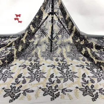 

Black/gold 5Yard Soft Hand Cut Elegant African French Lace Fabric Shiny Wedding Nigeria Ghana Celebration Dress With Sequins
