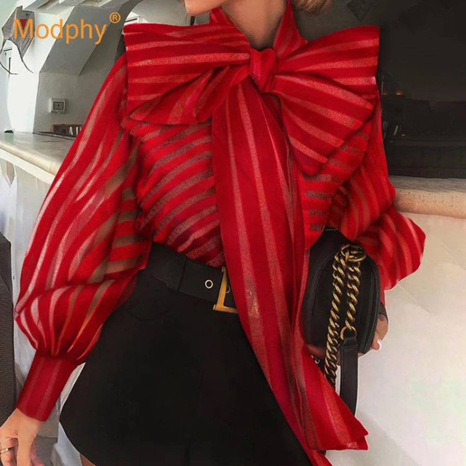 Female Bow Collar Lantern Long Sleeve Loose Lace Up Women's Shirts Sexy perspective streetwear Clothing 2021 New Fashion Tide | Женская