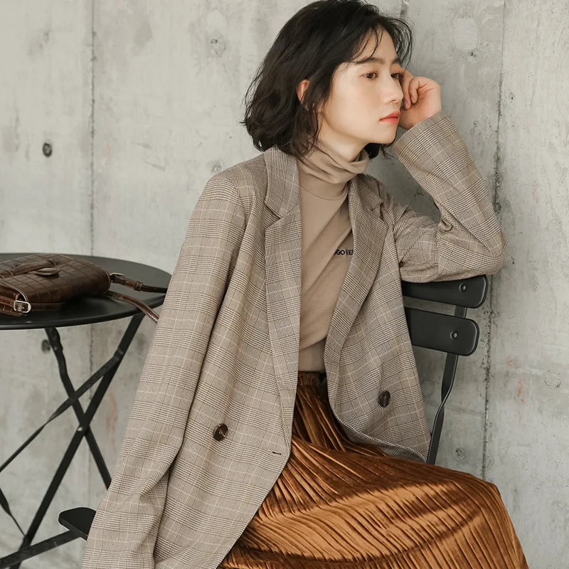 

2019 Autumn And Winter New Style Korean-style Simple Hong Kong Style Retro Loose-Fit Versatile Plaid Long Sleeve Thin Suit Jacke