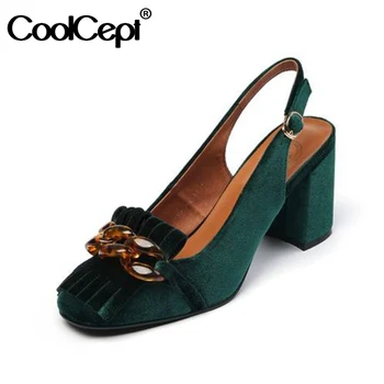 

CoolCept New Summer Sandals For Women Flock Square Toe Thick Heel Buckle Strap Chain Fringle Vintage Shoes Footwear Size 33-40