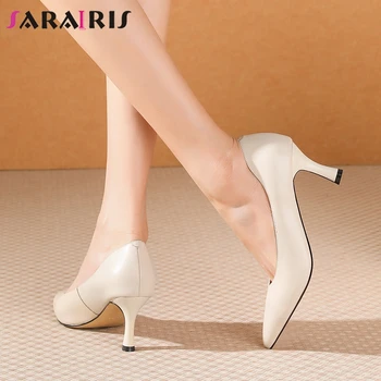 

SARAIRIS New Brand Classic Female Genuine Leather Shallow Slip On Pointed Toe High Heel Pumps Spring Pumps Women Shoes Woman
