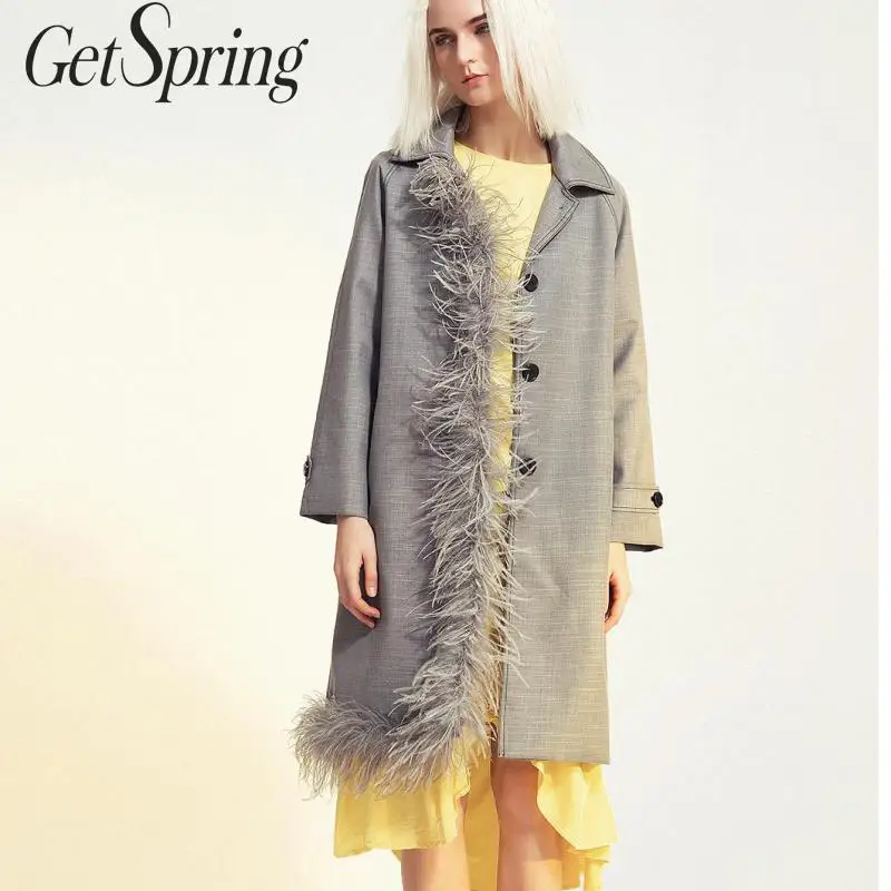 GETSPRING Women Coat Women Trench Coats Feather Patchwork Irregular Long Overcoat Gray Vintage Winter Trench Coats Women 2019