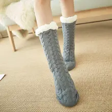 Женские зимние теплые пушистые носки-тапочки с захватами, одноцветные вязаные толстые плюшевые теплые носки