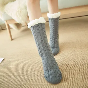 

Women Winter Warm Fuzzy Slipper Socks with Grippers Solid Color Twist Braided Cable Knit Thick Plush Lined Foot Warmers