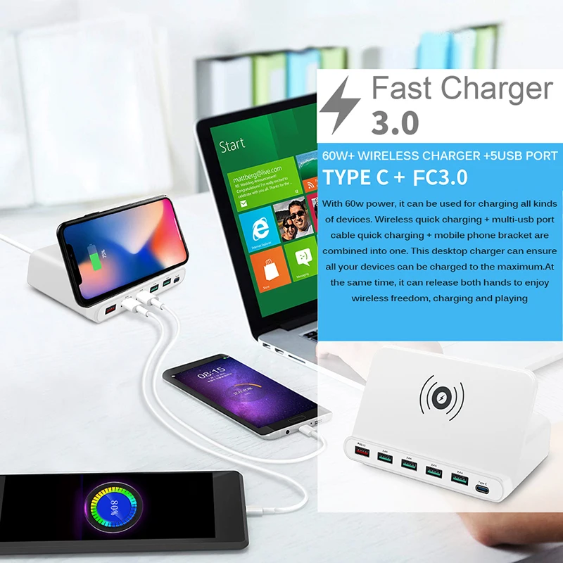 Универсальное 5x USB FC 3,0& type C быстрое зарядное устройство адаптер Qi Беспроводная зарядная станция для IPhone Ipad samsung Xiaomi huawei