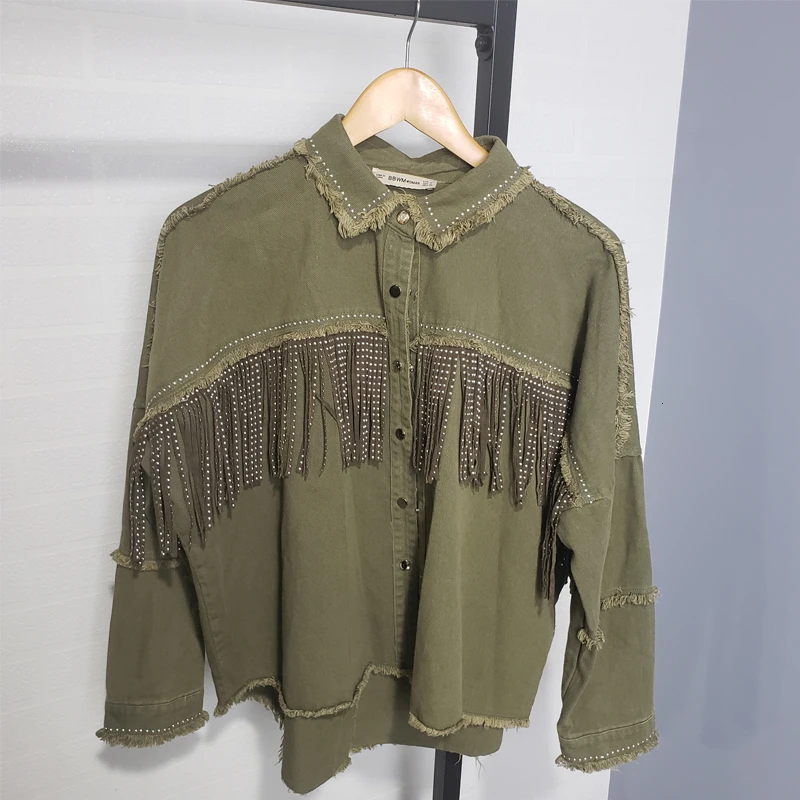 discount  2019 Autumn Tassels Denim Jacket Loose Army Green Button Coat Woman Jeans Jacket Irregular Hem Stre