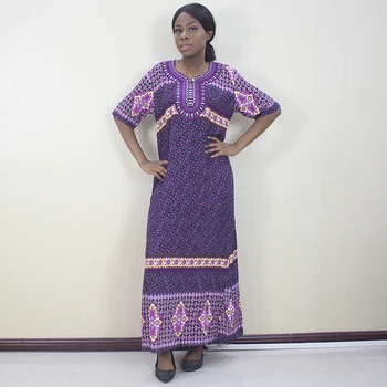 

African Dashiki Appliques Loose Short Sleeve Purple 100% Cotton Fashion Long Dress