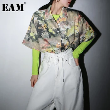 

[EAM] Women pattern printed temperament big size Blouse New Lapel half Sleeve Loose Fit Shirt Fashion Spring Autumn 2020 1S214