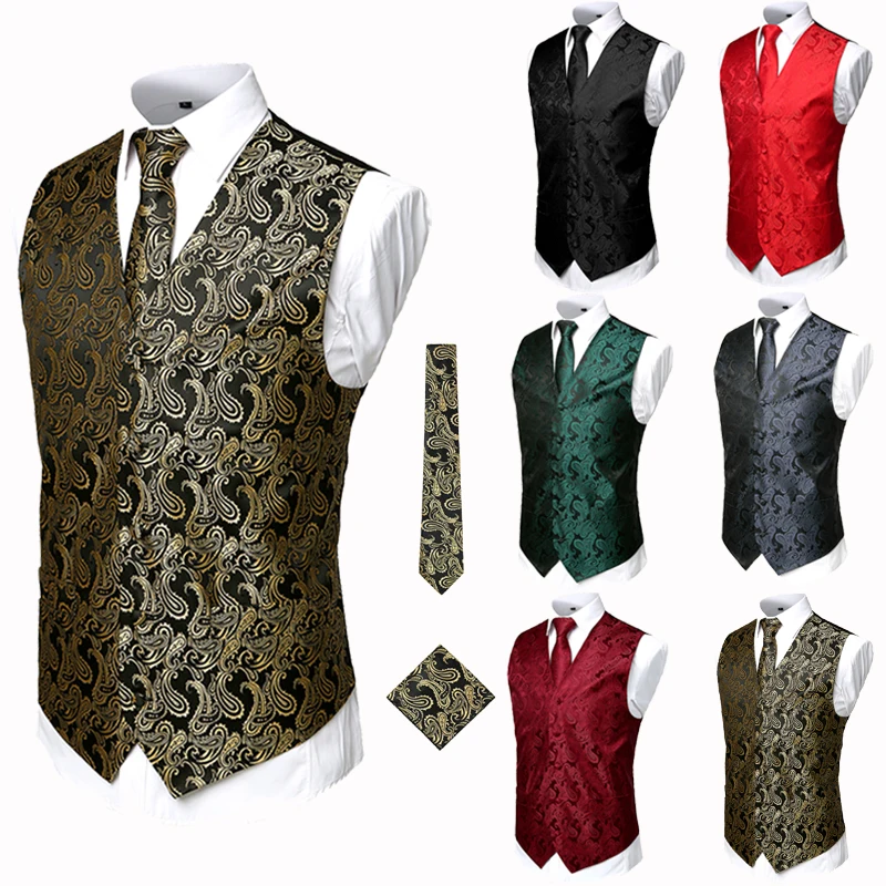 Classic Paisley Men Vest Set(Vest+Necktie+Pocket) 3pcs Vest Men Jacquard Wedding Party Mens Suit Vests Casual Waistcoat Men USA