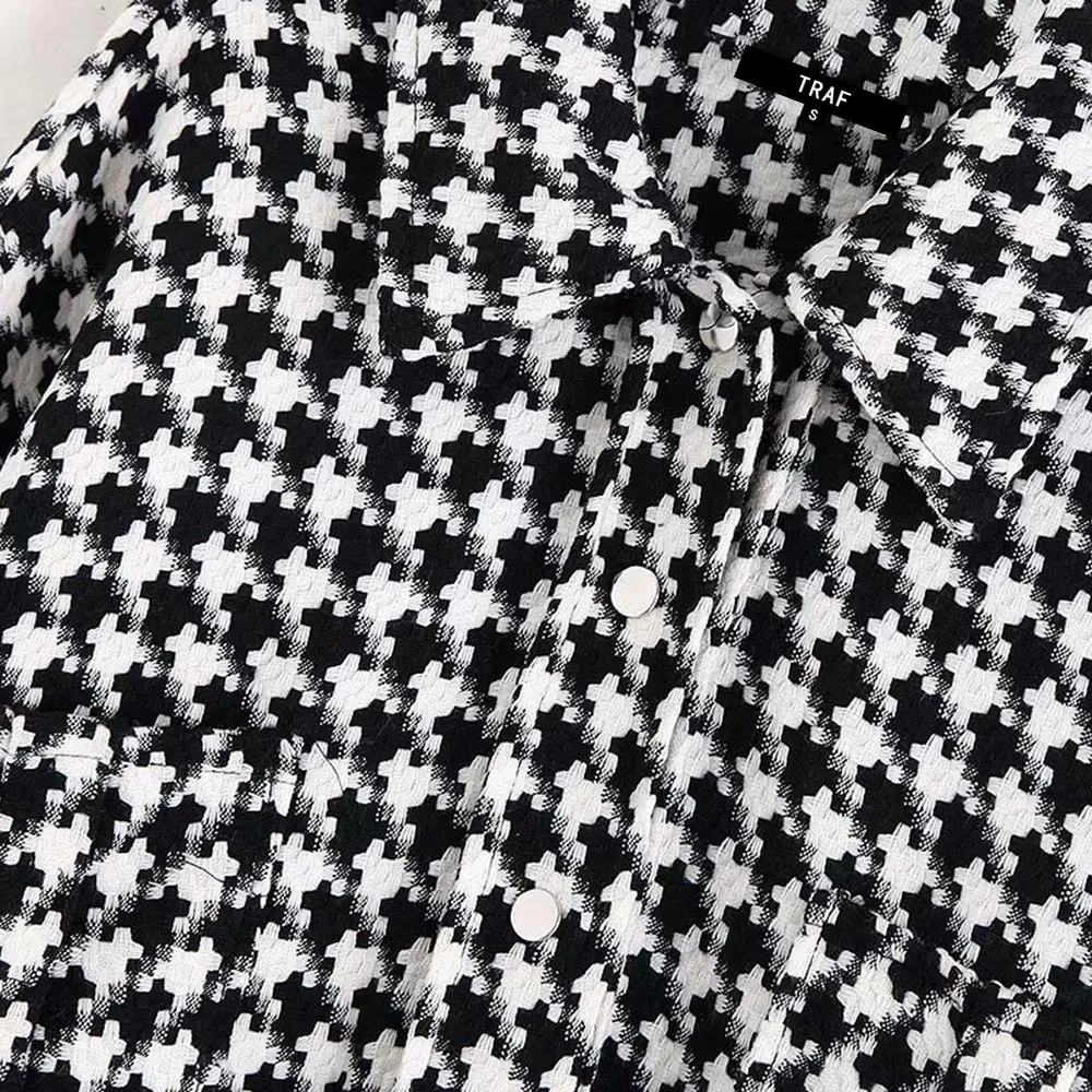 TRAF женский винтажный негабаритный жакет в гусиную лапку пальто Модные Карманы потертые боковые отверстия Свободная клетчатая женская верхняя одежда шикарные топы