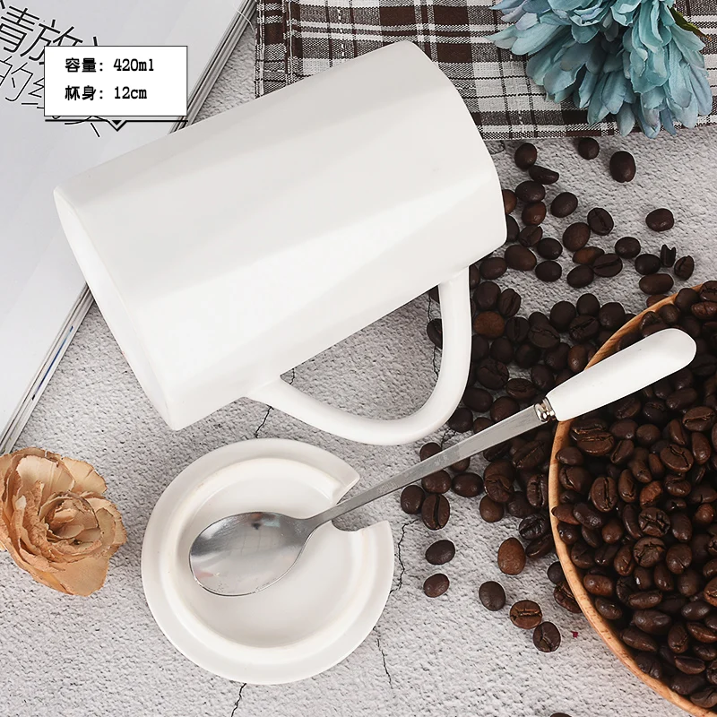 Nordic style creative trend cup couple mug personality ceramic cup with lid spoon household coffee cup teacup best gift - Color: B white