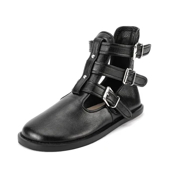 

Women's genuine leather narrow band rivet autumn flats gradiator boots round toe hollow-out female ankle boots casual shoes sale