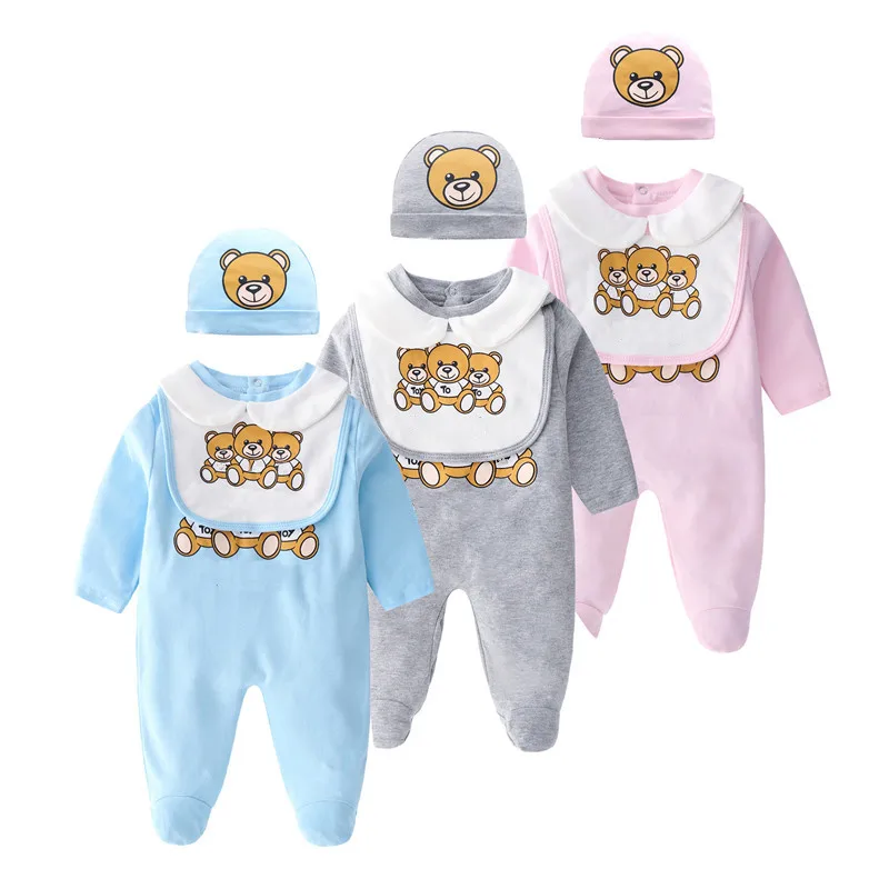 

Infant Cartoon Bear Baby Clothes Girl&Boys Long Sleeve Baby Rompers Hat Bib 3Pices Baby grow Sleepsuits Baby Romper 0-24 Months