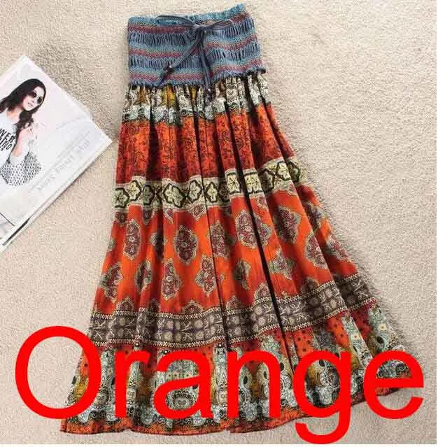 Orange skirts MWSFH Лето Новое поступление Мода эластичный пояс богемный стиль, цветочный принт женские длинные юбки Saia Longa юбки Wnmens одежда - Цвет: Orange skirts