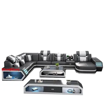 

New Modern Large Size LED Lights Leather Sofa Set for Home Villa Living Room Theater