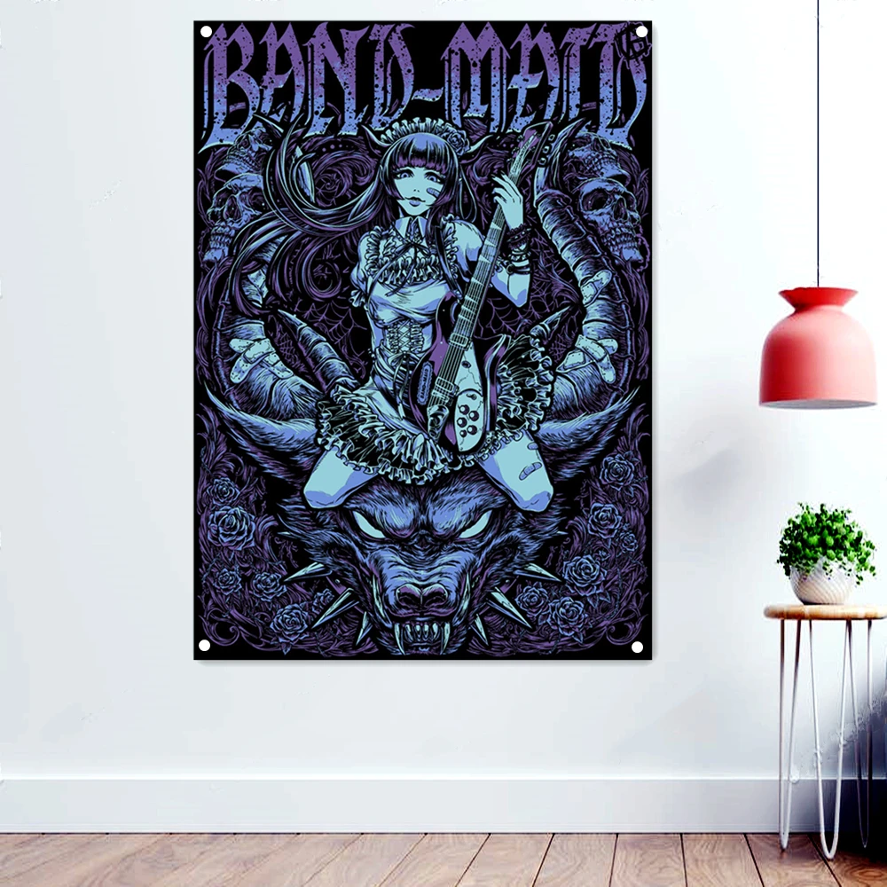 

Maid Kawaii Metal Art Poster Banners Rock Band Flags Macabre Tattoos Art illustration Wall Hanging Bar Cafe Home Decoration A1