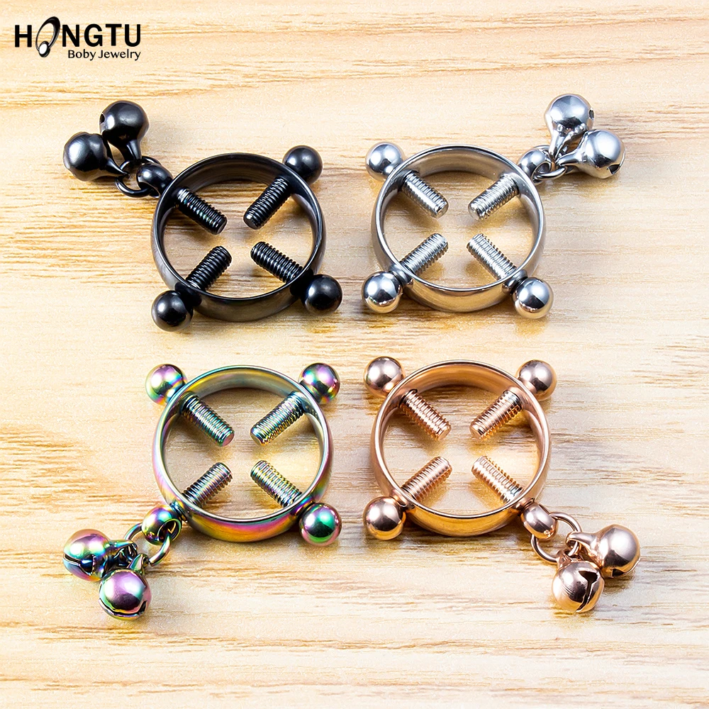 2PCS Screw Bell Pendant Fake Nipple Ring Women Stainless Steel