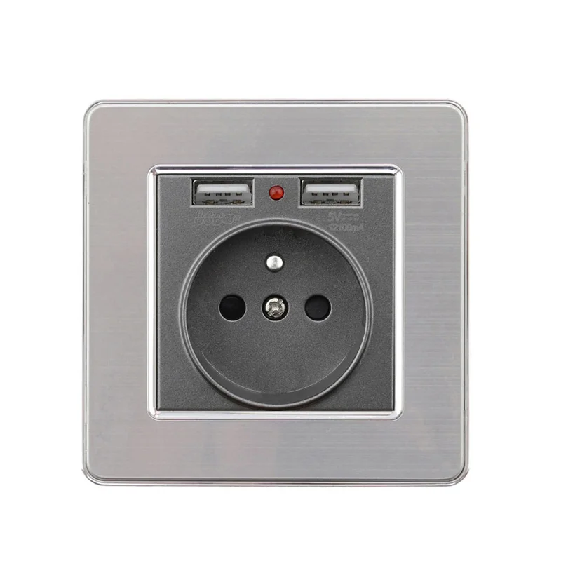 FR socket Atlectric Роскошная панель из нержавеющей стали розетка 16A ЕС стандартная розетка с 2100mA двойной USB порт зарядного устройства для мобильного телефона - Тип: FR socket