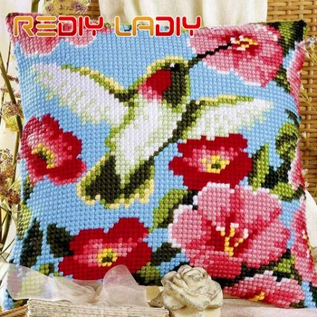 

Cross Stitch Cushion Birds with Pansy Make Your Own Pillow Chunky Cross Stitch Kit Pre-Printed Canvas Acrylic Yarn Pillow Case