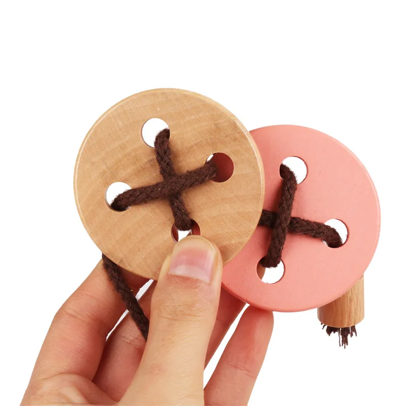 Wooden children's puzzle shape cognitive hand-eye coordination DIY sewing beaded toy rope stringing building block gift