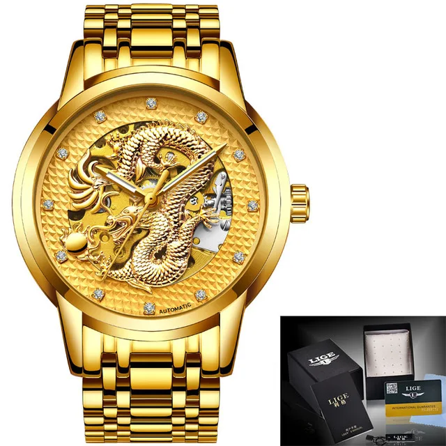 Steel All gold LIGE мужские s часы Топ люксовый бренд часы из нержавеющей стали водонепроницаемые автоматические механические мужские часы с драконом мужские Relogio Masculino+ коробка - Цвет: Steel All gold