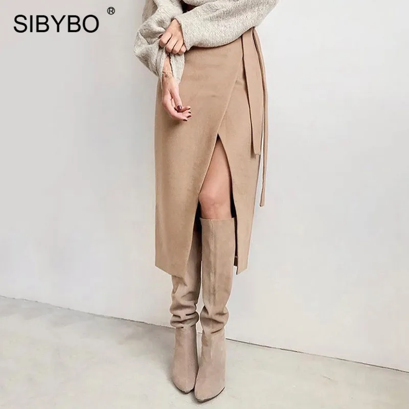 SIBYBO ребристые Боковые Сплит сексуальные юбки женские модные летняя с высокой талией женские пуговицы для юбки однотонные повседневные женские юбки - Цвет: Хаки