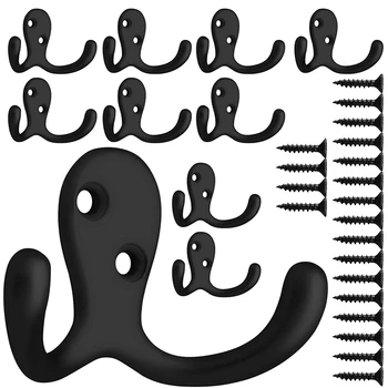 

10 Pcs Heavy Duty Double Prong Coat Hooks Wall Mounted with 20 Screws Retro Double Robe Hooks Utility Hooks for Coat Scarf Bag T