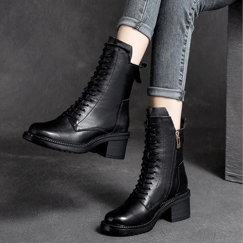 Women Ankle Boots Cow Leather Autumn Winter Square Med Heel Lace Up Zipper Pumps Size 35-40
