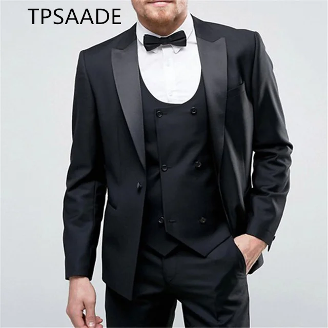 Three Pieces Black Business Men Suit Peaked Lapel One Button smoking Wedding Groom mens suits Tuxedo(Jacket+Pants+Vest