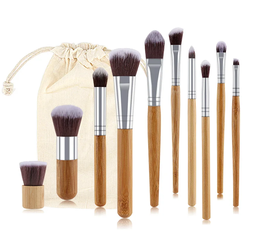 Горячая 11 шт. набор кистей для макияжа с ручками из натурального бамбука высокое качество набор для смешивания основы косметический набор для макияжа с хлопковой сумкой