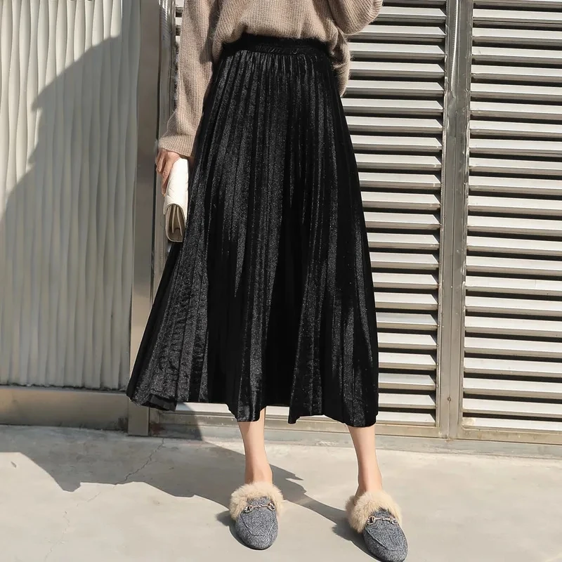 white tennis skirt 2021 Gold Velvet Pleated Skirt Women's Skirts Spring and Autumn New Korean A-line Skirt High Waist Mid-length Umbrella Skirt purple skirt Skirts