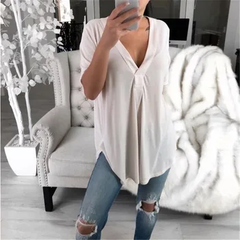 

2020 Summer 5XL Plus Size Women Tops Deep V-Neck Short Sleeve Solid Women T-Shirt Sexy Low-Cut Loose Fashion Casual Cotton Tees