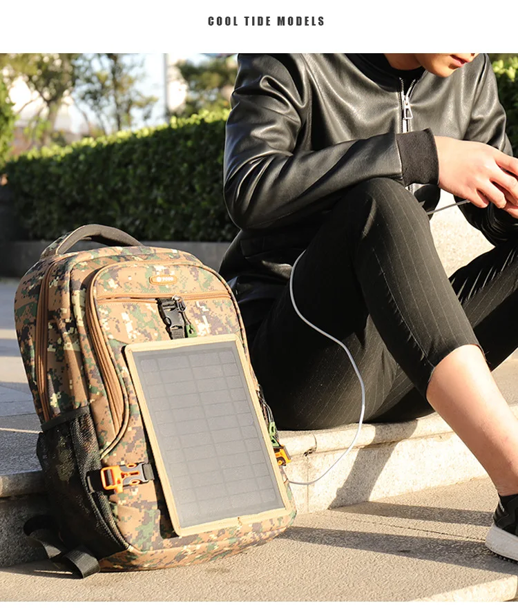 Стильный рюкзак на солнечной батарее, многофункциональный Камуфляжный Рюкзак, открытый рюкзак, мужской рюкзак с зарядкой через usb, повседневный рюкзак