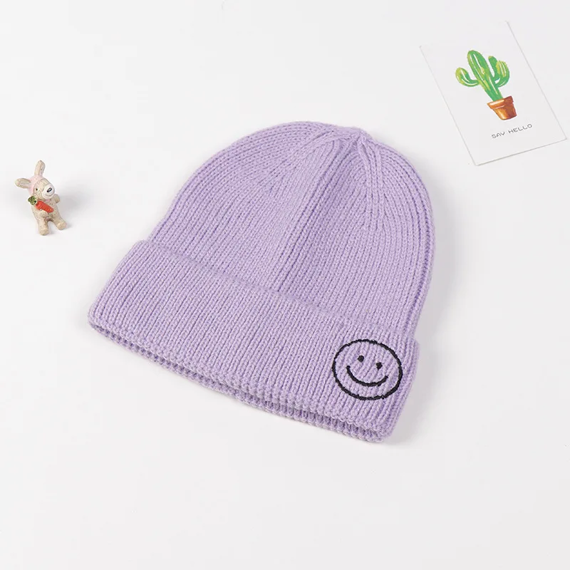 purple hat Осенне-зимний хлопковый Детский набор из шапки и шарфа, вязаные детские шапки со смайликом, шапка для маленьких девочек, шарф для маленьких мальчиков, детская шапочка с воротником - Цвет: purple hat