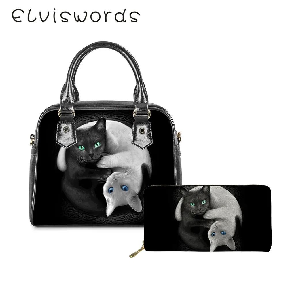 

ELVISWORDS Gothic Black with White Cat Custom Women PU Luxury Top Handle Bag Casual Crossbady for Female Handbag Cartera Mujer